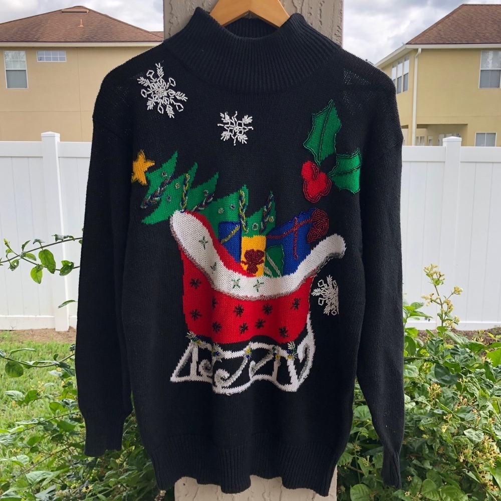 Vintage Christmas Sweater Beaded Oversized Small Ramie Cotton Black Mock Neck